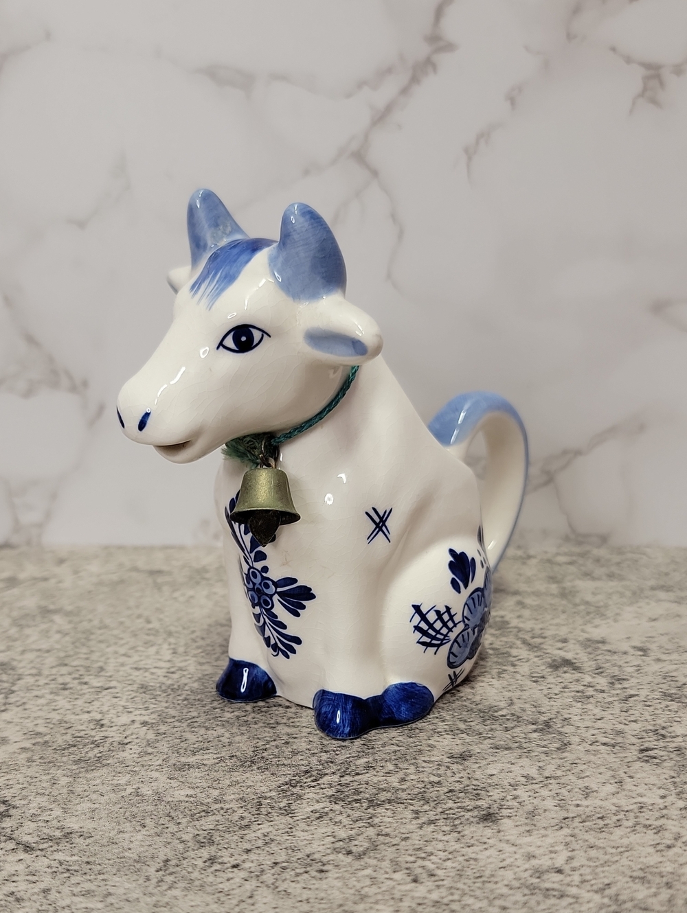 Vintage Blue Delft Sitting Cow Creamer with bell